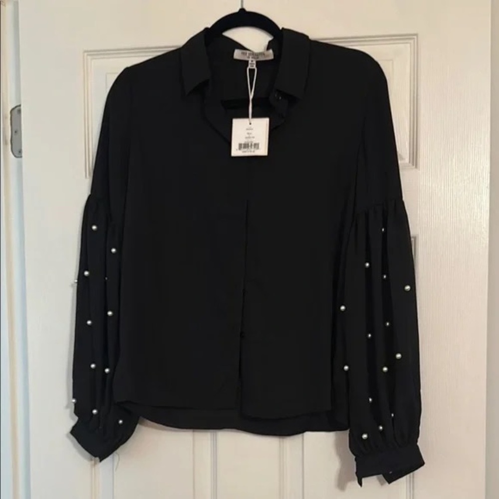 Free Generation LA Black Blouse with Puff Sleeves and Notched Collar sz M